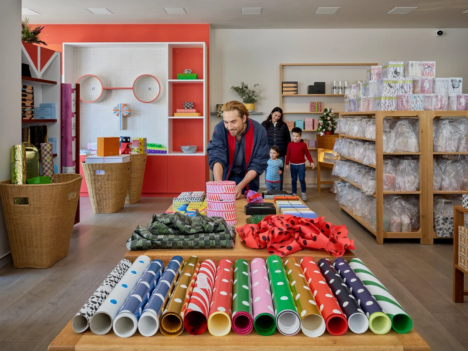 Stemningsbillede med papir, bånd og små detaljer klar til indpakning